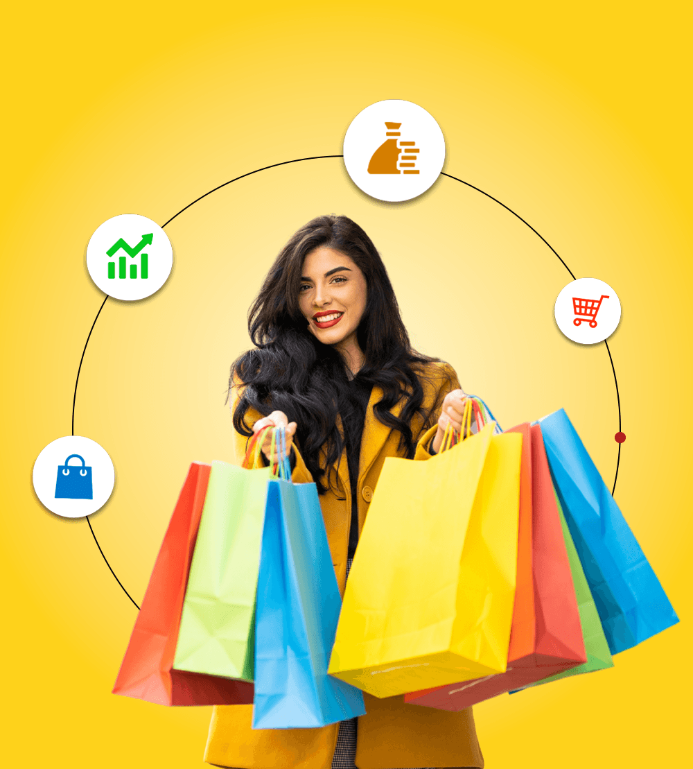 Shopper holding bags surrounded by e-commerce growth icons